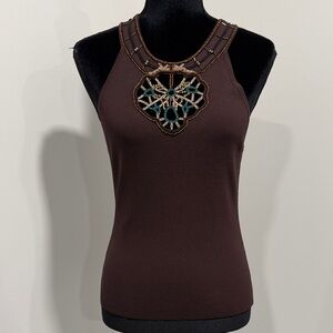 Wallis Brown Sleeveless Tank with Beaded Medallion
